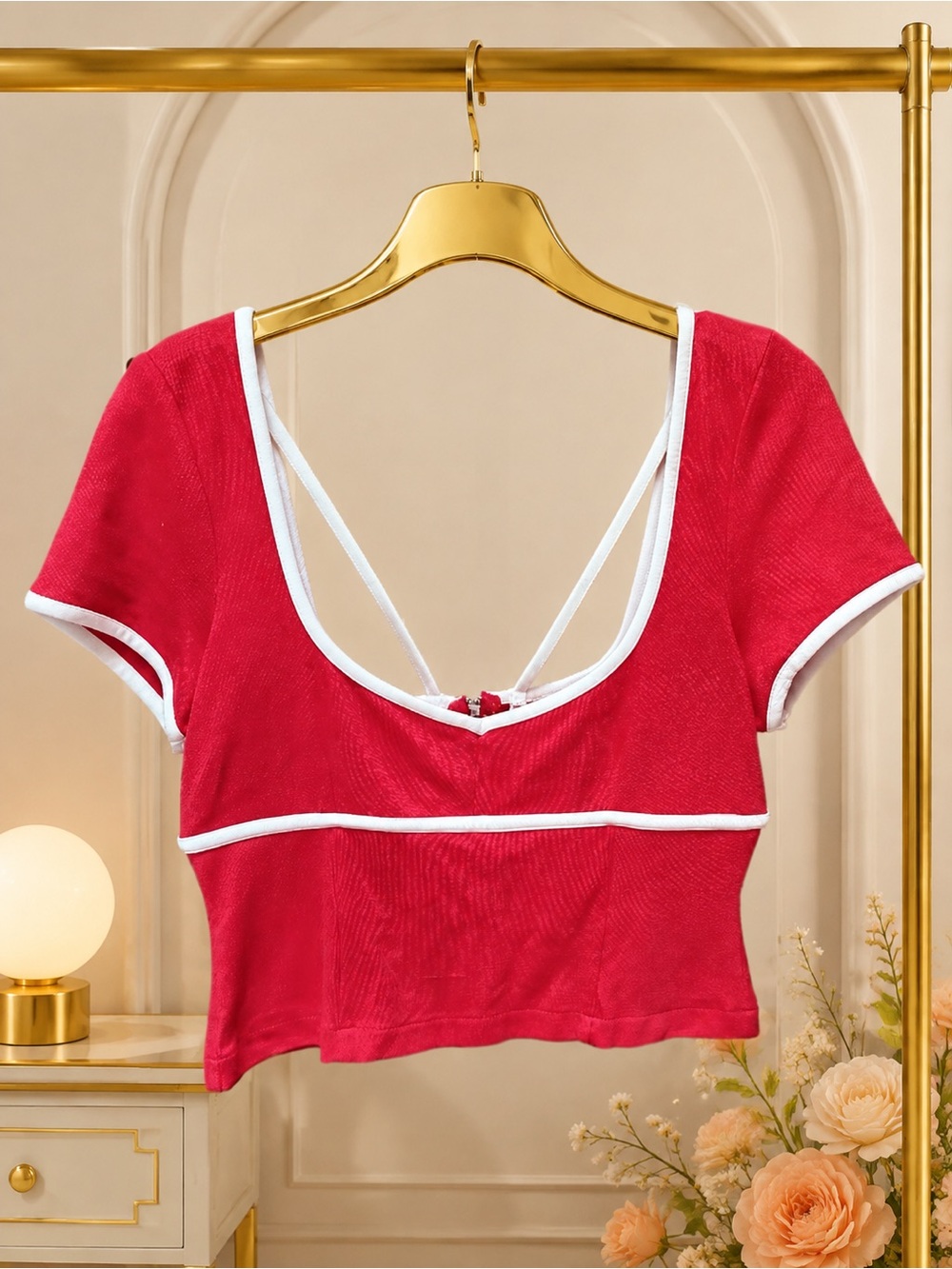 Maeve Anthropologie Red White Piping Strappy Open Back Crop Top Small